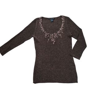 August Silk Brown Metallic 3/4 Sleeve Sweater w/Faux Pearl & Sequins Neckline S